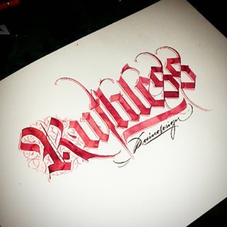 'Ruthless' #calligraphy #calligraphymasters #calligraffiti #handlettering #handwriting #freehand #lefthand #lefty #gothic #textura #lettering #paindesignart Ruthless Tattoo Lettering, H Calligraphy Letter, Ruthless Tattoo, Blackletter Calligraphy, Tattoo Lettering Design, Chicano Lettering, Tattoo Lettering Styles, Tattoo Schrift, Calligraphy Text