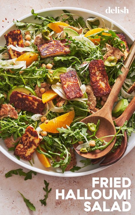 Halloumi Salad Recipes, Fried Halloumi, Halloumi Salad, Protein Lunch, Cheese Fries, Canned Chickpeas, Mediterranean Recipes, Summer Salads, Side Dish