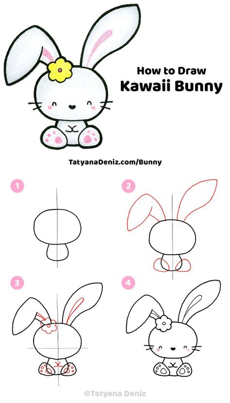 Easy step-by-step drawing tutorial for how to draw a cute kawaii Easter bunny. Drawing tutorial with FREE printable PDF, drawing tips, and materials. Use this bunny for DIY craft projects, Easter paper crafts, crochet and sewing. Perfect for drawing with kids! Kawaii art and drawing tutorial by Tatyana Deniz via @tatyanadeniz Kunst For Barn, Trin For Trin Tegning, Easter Drawings, Arte Doodle, Couple Drawing, Bunny Drawing, Easy Drawings For Kids, Cute Easter Bunny, Easy Doodle Art