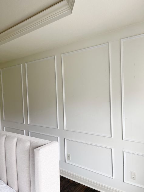 Adding Wall Trim to a Large Wall - Life Love Larson Adding Trim To Accent Wall, Adding Wall Paneling, How To Install Trim On Walls, Large Wall Wood Paneling, Adding Wall Molding, White Molding White Walls, Large Wall Wainscoting Ideas, Adding Trim To Walls, Trim Work On Walls