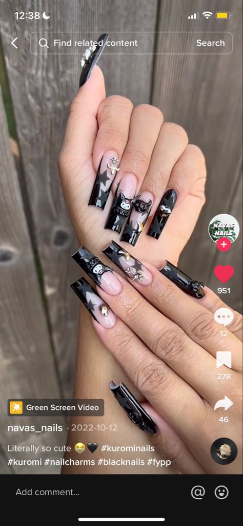 #frenchnails #blacknails #longnails #mediumnails #sanrionails #hellokittynails #kurominails Kuromi Nails Acrylic, Nails Acrylic Long, Kuromi Nails, Sanrio Nails, Long Acrylic, Nails Black, Kawaii Nails, Nail Charms, Long Acrylic Nails