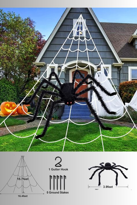 #halloweendecor #giantspider Outdoor Spider Web Halloween, Yard Spider Web, Diy Halloween Spider Web, Giant House Spider, Spider Web Diy, Halloween Decor Indoor, Spiders Halloween, Spiderman Web, Fake Spider