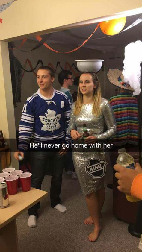 Hockey Player Halloween Costume, Stanley Costume, Stanley Cup Costume, Hockey Cup, Funny Snapchat, Snapchat Ideas, Hockey Quotes, Hockey Pictures, Hockey Memes