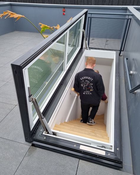 Upgrade your rooftop access with our Aero Electric Roof Access Rooflight—style meets functionality! 🚀 #RoofAccess #HomeImprovement #Sunsquare #Rooftop #Roofterrace #OutdoorLiving #Modern #Sustainbility Rooftop Access, Glass Roof Panels, Roof Access Hatch, Flat Roof Skylights, Walking On Glass, Roof Skylight, House Entry, Terrace Ideas, Traditional Staircase