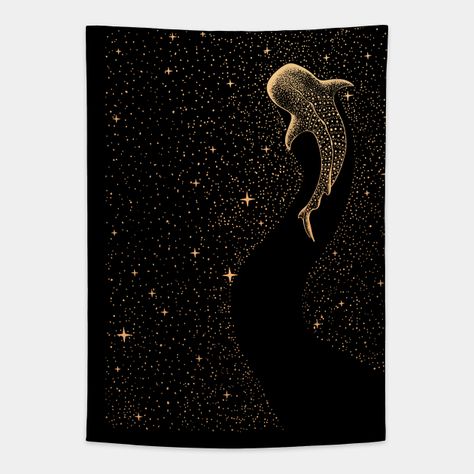 A golden whale shark feeds on stars while swimming in dark space. -- Choose from our vast selection of tapestries to match with your desired size to make the perfect custom tapestry. Pick your favorite: Movies, TV Shows, Art, and so much more! Available in small, medium, large. Perfect for decorations in apartments, bedrooms, and dorm rooms. Dark Space, Star Tapestry, Whale Shark, Ocean Creatures, Dark Gold, Tapestry Design, Apartments Bedrooms, Custom Tapestry, Dorm Rooms