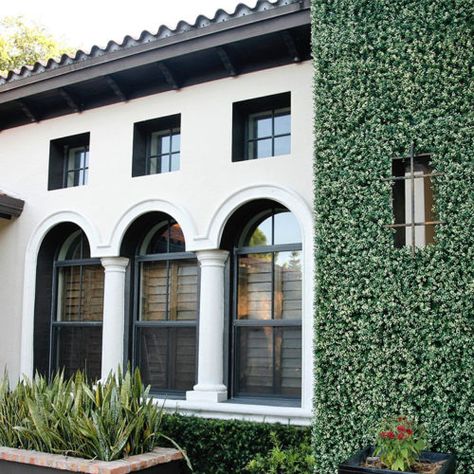 fake ivy used as green wall and artificial living wall on house easy ivy by EasyGrass. Fake ivy, faux ivy, artificial ivy. Faux Ivy Wall, Fake Ivy Wall Front Porch, Ivy On House Exterior, Artificial Ivy Wall Outdoor, Porch Wall Design, Outdoor Fake Ivy Wall, Artificial Ivy Wall, Ivy Growing On Wall, Ivy On Concrete Wall