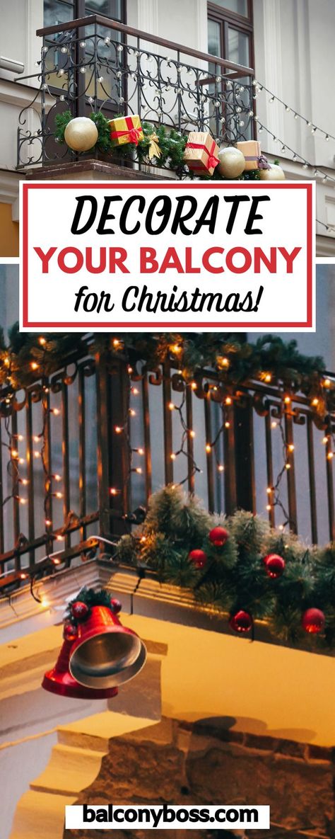 Decorate your balcony for Christmas with these easy ideas that work perfectly for small outdoor spaces. Learn what to consider when choosing decorations (such as storing your choices! Hint: collapsible items are great!), and get inspired with photos in this post. Click through for all the details! Decorating Apartment Balcony For Christmas, Christmas Small Balcony Decor, Balcony Decor For Christmas, Small Balcony Christmas Decorating Ideas, Christmas Decor Terrace, Condo Balcony Christmas Decor, Christmas Lights For Balcony, Holiday Deck Decorating Ideas, Outdoor Christmas Decorations Balcony