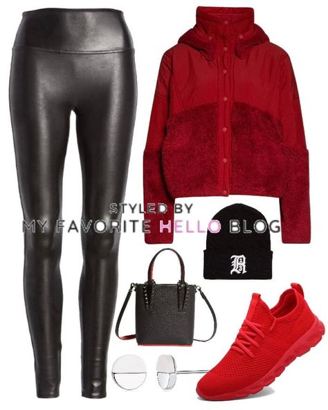 How to wear red sneaker with faux leather leggings. Casual fall outfit with red sneakers #redsneakers #casualoutfit Outfits With Red Shoes Sneakers, Red Sneakers Outfit Women, Casual Leather Leggings Outfit, Burgundy Sneakers Outfit, Leather Leggings Casual, Red Sneakers Outfit, Outfits With Red, Sneakers To Work, Red Shoes Outfit