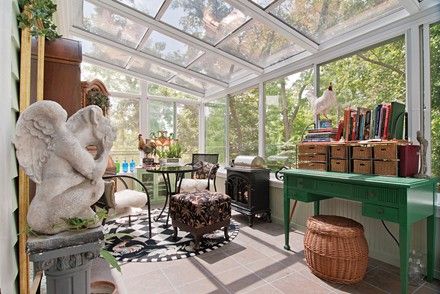 Corner Breakfast Nook Ideas, Bohemian Sunroom, Attached Greenhouse, Glass Sunroom, Sunroom Furniture, Sunroom Decorating, Rustic Lamp Shades, Sunroom Designs, Bohemian Interior Design