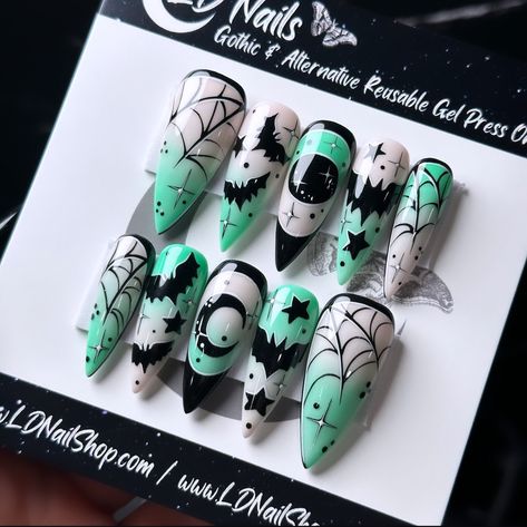 A better look at 🦇🔮 Witching Hour 🔮🦇 - Swooping into the shops on August 5th ⏰ Pictures on Après Long Stiletto 💅🏻 ⁣ .⁣ .⁣ .⁣ .⁣ .⁣ #acrylicnails #ad #coffinnails #fallnails #glitternails #halloweenmakeup #halloweennailart #halloweennails #halloweennailsdesign #longnails #manicure #nail #nailartist #naildesign #naildesigns #nailitdaily #nailpro #nailsart #nailsmagazine #nailsnailsnails #nailsofinstagram #nailsoftheday #nailstyle #nailswag #nails💅 #nailtech #ombrenails #spookynails #spookyseason Halloween Nail Ideas, Holloween Nails, Country Nails, Moons And Stars, Halloween Press On Nails, Long Stiletto, Gothic Nails, Goth Nails, Witching Hour