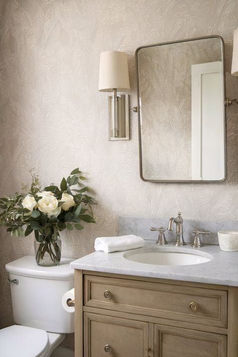 Neutral bathroom wallpaper with a subtle leaf design, enhancing the space’s calm and sophisticated feel. Guest Bathroom Wallpaper Ideas, Neutral Bathroom Wallpaper, Soft Beige Wallpaper, Small Bathroom Wallpaper Ideas, Vintage Bathroom Wallpaper, Beige Marble Bathroom, Bathroom Wallpaper Inspiration, Small Powder Room Wallpaper, Small Bathroom Wallpaper