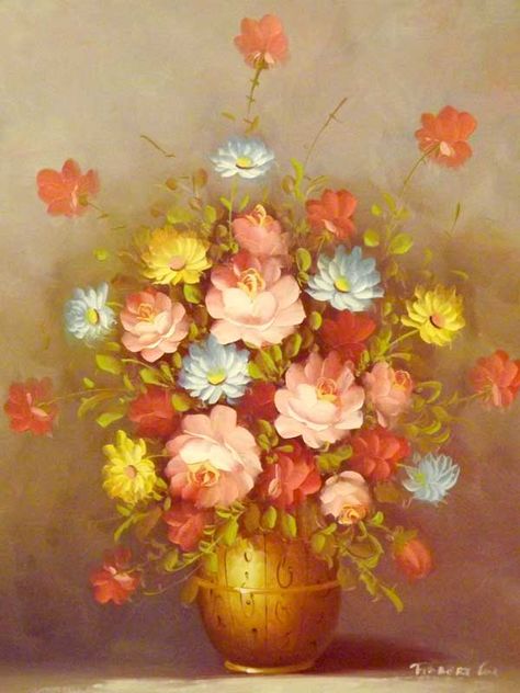 SOLD (Under £100) at: www.art-style-gallery.co.uk "Bouquet of Flowers, Gold Vase" by Robert Cox Original Oil Paintin 27 x 23 inches (68.58 x 58.42 cm) Oil Painting Still Life, Gold Vase, Gold Vases, Vintage European, Painting Still Life, European Art, Bouquet Of Flowers, European Vintage, Original Oil