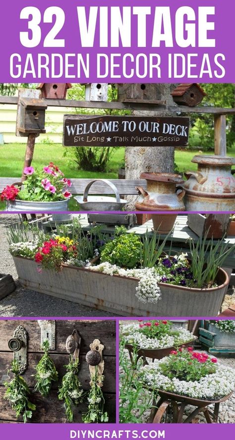 You will fall in love with each of these incredible vintage garden decor ideas! So many fun ways to use great antique finds in your garden! Turn your garden into a beautiful oasis using these amazing vintage and rustic garden decorations. #Garden #Gardening #GardenDecor #GardenIdeas #Vintage #VintageGarden #Landscape Porch Vibes, Creative Garden Decor, Lawn Art, Antique Finds, Garden Junk, Piscina Natural, Garden Wallpaper, Garden Decor Projects, Garden Decor Ideas