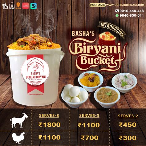 Introducing new buckets which suits everyone's needs. Delivery available all over Chennai. Get Basha’s Bucket biryani delivered at your doorstep! Call : 9016448448 or what'sapp 9840850511 . . . . . #bashasdurbarbiryani #biryani #biryanilovers #biryanilove #briyanilover #foodporn #chennai #chennaibiryani #biryaniisbae #biryaniislove #chicken #chickenbiryani #mutton #muttonbiryani #chennaibiryani #yummy #tasty #delicious #bucketbiryani #scrumptious #food #foodie #foodiesofinstagram #foodbloggers Biryani Packaging Ideas, Biryani Packaging, Biryani Photo, Bucket Biryani, Blue Heels Wedding, Chicken Bucket, Takeaway Packaging, Shop Name Ideas, Gift Voucher Design