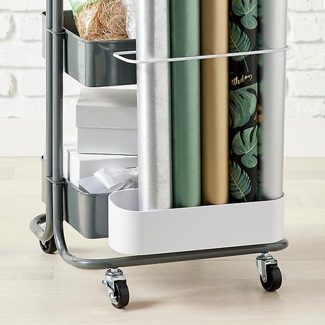 The Container Store 3-Tier Cart Gift Wrap Organizer | The Container Store Wrapping Paper Storage Cart, Gift Wrapping Cart, Wrapping Station Ideas, Gift Wrap Cart, Gift Wrap Station, Rolling Craft Cart, Gift Wrap Organizer, Craft Storage Cart, Rolling Carts