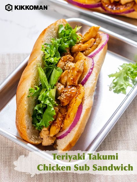 Teriyaki Chicken Sub | Make dinner easy tonight with this delicious sub sandwich recipe! This chicken sub takes a twist from the classic recipe by pairing pineapple with Kikkoman® Teriyaki Takumi, Original for some sweet umami flavor. Dress with toppings like mixed greens and red onions, then pack up your sandwich for a work lunch, serve for a quick weeknight dinner, or cut into smaller portions for easy game day bites. Serve with a side salad or cup of soup for a bigger meal. #Kikkoman Chicken Sub Sandwich, Chicken Teriyaki Sandwich, Teriyaki Chicken Sandwich, Work Baddie, Kikkoman Recipes, Chicken Subs, Sub Sandwich, Smaller Portions, Cup Of Soup