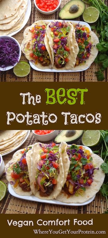 The Best Vegan Potato Tacos | Where You Get Your Protein - Vegan Recipes Vegan Potato Tacos, Vegan Potato Recipes, Tacos Vegan, Golden Potatoes, Potato Tacos, Vegan Mexican Recipes, Vegan Tacos, Vegan Potato, Vegan Mexican