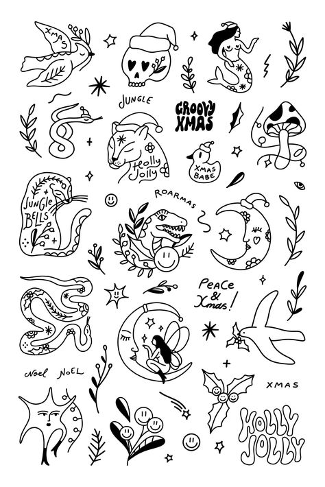 Free Flash Tattoo Designs, Groovy Tattoo Ideas, 70s Tattoo, Sims Tattoos, Groovy Tattoo, Christmas Tattoo Ideas, Traditional Mermaid Tattoos, Christmas Tattoos, Alice And Wonderland Tattoos