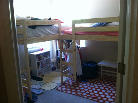 We did an Ikea Hack and turned Mydal bunk beds into L shaped Loft beds. My Hubby made a rope ladder that we still need to attach. I am happy to say I have 4 kids in one room plus space to play. I added a reading nook. Also I have my twin girls sleeping in the closet with the doors off..and some cool curtains to make it more fun for them. I still need to get some coordinating bedding and make some short curtains for the windows. Also need to dress the walls up a bit. :) Bunk Bed Safety, L Shaped Bunk Beds, Childrens Bunk Beds, Beds For Kids, Cool Bunk Beds, Bunk Beds With Stairs, Bunk Bed Designs, Space Bedding, Twin Beds