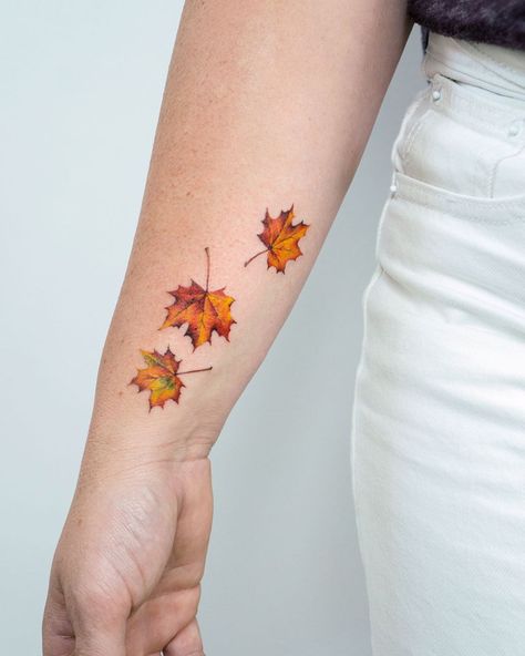 Leaf Tattoo Wrist, Falling Leaves Tattoo, Fall Leaf Tattoo, Maple Leaf Tattoos, Maple Tree Tattoos, Fall Tattoos, Fall Leaves Tattoo, Fall Tattoo, Blatt Tattoos