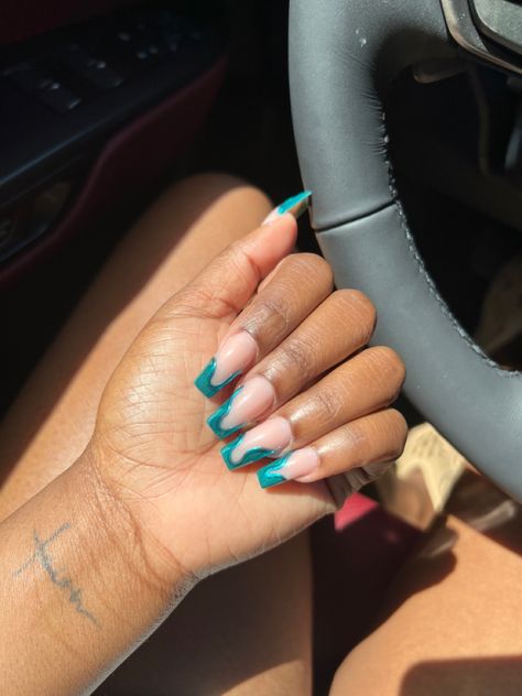 teal chrome french tip nail design 🐬 Teal Chrome French Tip Nails, Torquise Nails French Tip, Peacock Nails Color, Peacock Color Nails, Teal Nails Acrylic, Teal French Tips, Teal Chrome Nails, Teal French Tip Nails, Teal Chrome