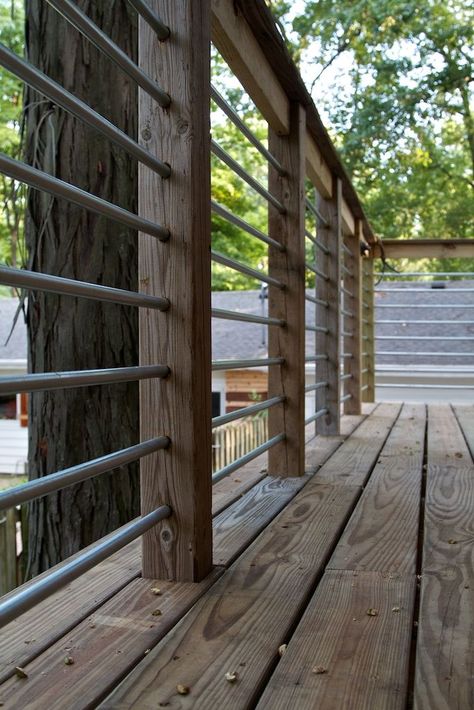 Elevated Deck, Deck Railing Ideas, Patio Railing, Deck Railing Design, Metal Railing, Railing Ideas, Balcony Railing Design, Wooden Deck, Metal Railings