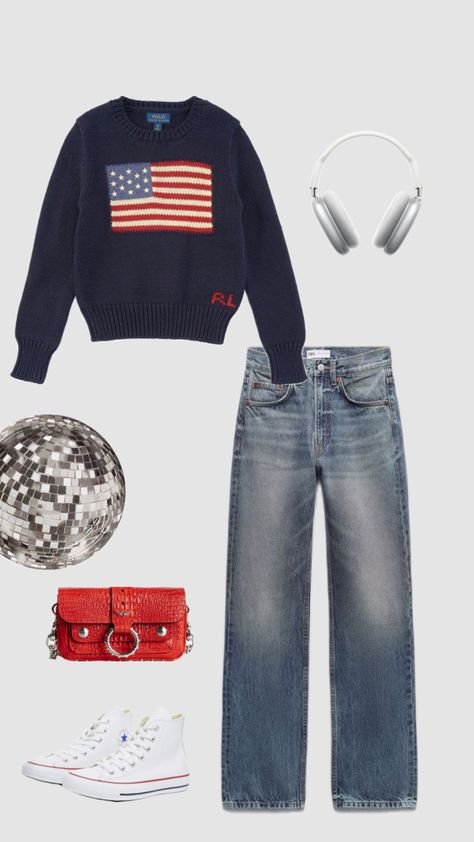 #omeuprimeiroshuffle #myfirstshuffle Ralph Lauren Sweater Outfit, Longchamp Outfit, American Sweater, Flag Sweater, Fashion Dream Job, American Flag Sweater, High School Outfit, Lazy Day Outfits, Stockholm Fashion