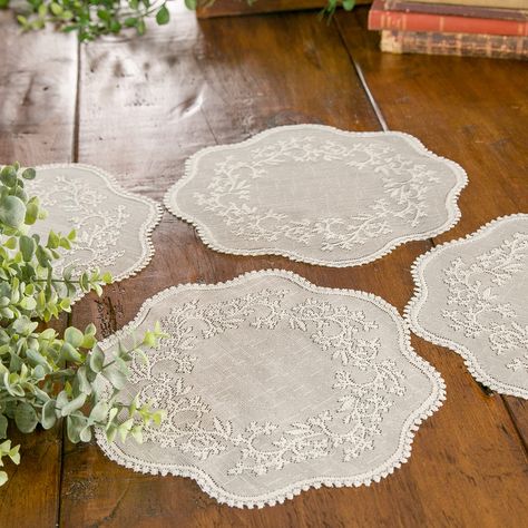 PRICES MAY VARY. Set includes four 12" doilies Doilies are a great way to add vintage charm to your space Coordinates with other Sheer Divine table pieces from Heritage Lace Perfect complement for table tops, trays and more Lace Centerpieces, Vintage Table Setting, Lace Placemats, Battenberg Lace, Vintage Wedding Table, Heritage Lace, Linen Cocktail Napkins, Background Simple, Elegant Table Settings