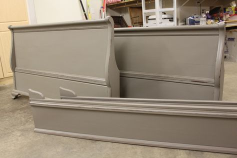 Sleigh Bed Makeover, Sleigh Bed Painted, Painted Garden Furniture, Annie Sloan Painted Furniture, French Painted Furniture, Bed Makeover, French Linens, Bedroom Furniture Makeover, Painted Bedroom Furniture