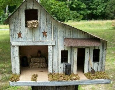 Handmade, Folk Art, Lighted Barn ...... This is our rustic, worn white, pine, lighted Barn. It would make a wonderful addition to your primitive country home. It is made out of pine and painted with Barn Birdhouses, Primitive Country Homes, Primitive House, Saltbox Houses, Birdhouses Rustic, Rustic Birdhouse, Bird House Plans, Unique Bird Houses, Bird Houses Diy