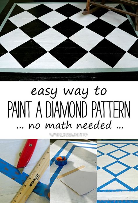 how-to-paint-diamond-pattern-easy-way use 3M™ Safe-Release™ Painter’s Tape Advanced+ Delicate Surfaces with Edge-Lock™ Paint Line Protector 2080 to tape off the squares that would stay the base color. Mckinsey Childs, Diy Clothesline, Painted Deck, Painted Porch Floors, Painted Floor Cloths, Mackenzie Childs Diy, Painted Porch, Paint Concrete Patio, Dreamy Interiors