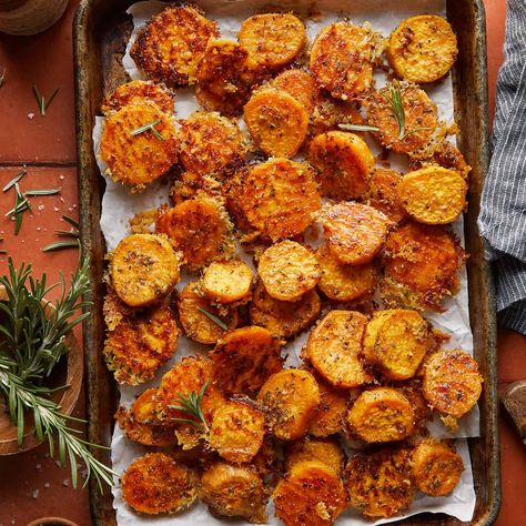 Savory Roasted Sweet Potatoes with Parmesan & Herbs - Bites with Bri Savory Garlic And Parmesan Sweet Potato Wedges, Rosemary Sweet Potatoes Roasted, Crispy Smashed Sweet Potatoes, Savory Baked Sweet Potato, Savory Roasted Sweet Potatoes, Sweet Potato Christmas Recipes, Sweet Potato Recipes Savory, Sweet Potato Appetizer, Roasted Sweet Potato Recipes