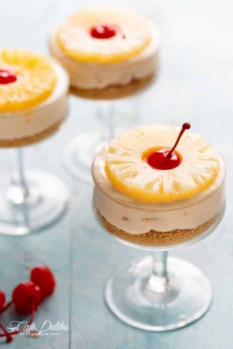 No-Bake Pineapple Cheesecakes are fun to make and are a refreshing twist on the traditional Pineapple Upside Down Cake. Pineapple Cheesecake, Pineapple Dessert, Tropical Desserts, Pineapple Dessert Recipes, Baked Pineapple, Healthier Sweets, Pineapple Desserts, Cafe Delites, Homemade Sweets