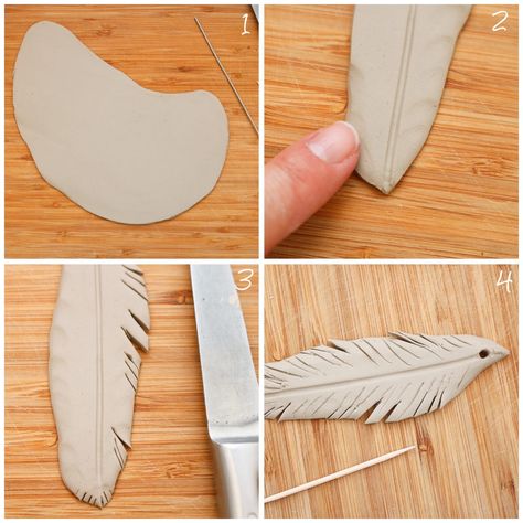 Clay Feathers Diy, Ceramic Feather, Fimo Crafts, Itsekovettuva Savi, Crea Fimo, Clay Christmas Decorations, Pottery Ornaments, Art Coquillage, Beginner Pottery