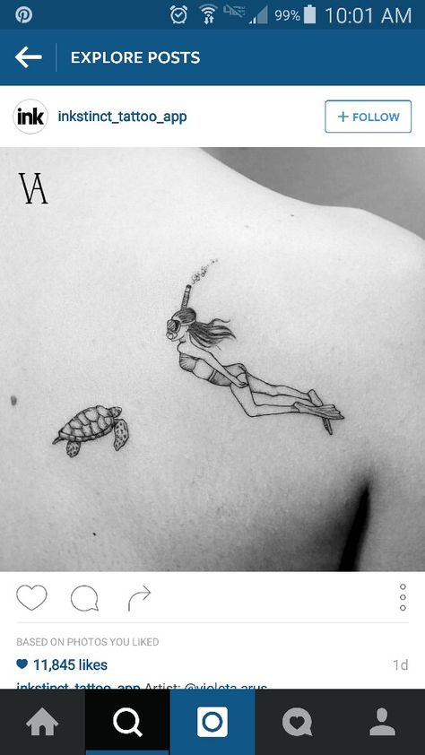 Scuba diver tattoo by Violeta Arús Scuba Tattoo Ideas, Scuba Dive Tattoo, Scuba Tattoo For Women, Snorkeling Tattoo, Freediving Tattoo, Diving Tattoo Ideas, Diver Tattoo Ideas, Scuba Diver Tattoo, 99 Tattoo