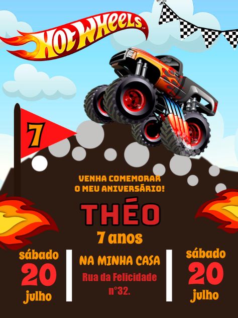 Edítate gratis usando nuestro editor online | Design by Pedro Henrique | Invitación Digital Invitación de cumpleaños del camión monstruo de Hot Wheels    ¡La invitación Invitación de cumpleaños del camión monstruo de Hot Wheels perfecta para tu evento!    Personaliza tu invitación a tu gusto con nuestro editor en línea    Nuestra invitación digital Invitación de cumpleaños del camión monstruo de Hot Wheels es totalmente personalizable. Puedes cambiar el texto, la fuente, los colo Hot Weels, Monster Jam, Monster Truck, Online Design, Birthday Party Themes, Invitation Template, Party Themes, Monster Trucks, Party Ideas