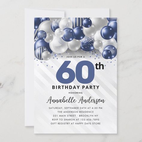 Navy Blue Silver Balloon Glitter 60th Birthday Invitation Fun Invitation, Birthday Postcard, Quinceanera Invitation, 60th Birthday Invitations, Fun Invitations, Birthday Postcards, Silver Balloon, Blue Balloon, Adult Birthday Invitations