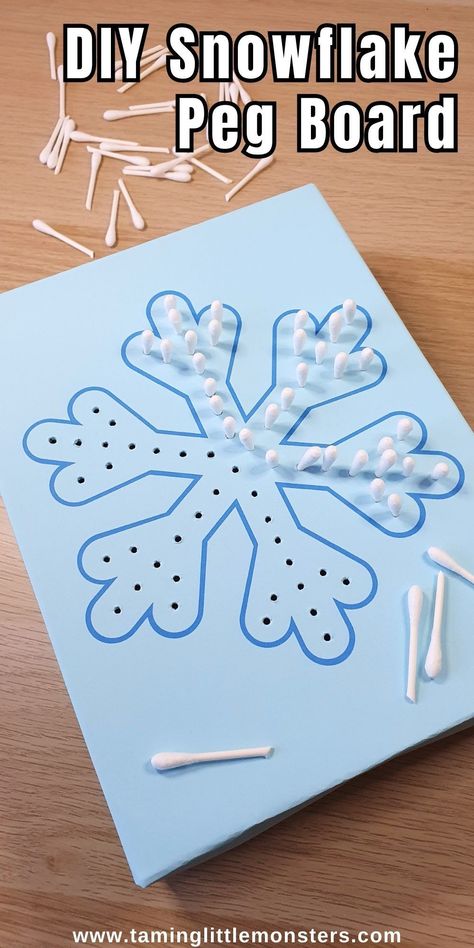 DIY Snowflake Peg Board (Fine Motor Activity for Winter). A great play idea to help toddlers and preschoolers develop fine motor skills. Perfect for winter or christmas themes. #winter #christmas #finemotor #toddler #preschool Fine Motor Activities For Toddlers Christmas, Xmas Fine Motor Activities, Diy Preschool Christmas Crafts, Christmas Diy Toddler Crafts, Christmas Diy With Toddlers, Life Skills Christmas Activities, Winter Theme Fine Motor Activities, Winter Preschool Lessons, Snow Activity For Preschool