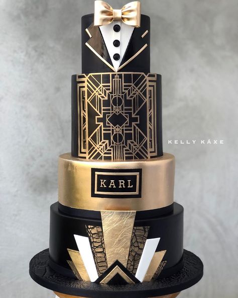 CAKE WARS WINNER on Instagram: “The Category Is... GATSBY Realness!!!😎🎩✨ My favorite part of this cake was the gold trimmed lapels! It was actually an afterthought🙊. When…” Gatsby Cake Ideas, Harlem Nights Cake, Great Gatsby Cake Ideas, Gatsby Wedding Cake, Pastel Art Deco, Great Gatsby Cake, Gatsby Cake, Fitness Cake, Gatsby Birthday Party