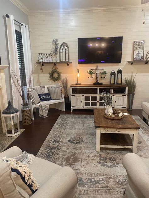 Comfy Living Room Decor, Manufactured Home Remodel, Rustic Farmhouse Living Room, Mobile Home Decorating, Mobile Home Living, Farmhouse Inspiration, Small Apartment Living Room, Living Room Shelves, Home Design Living Room