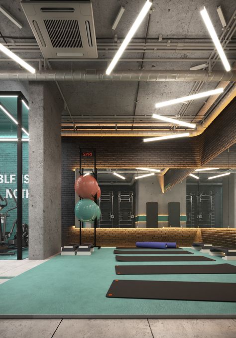 GYM on Behance Gym Architecture Design, Commercial Gym Design Interiors, Gym Washroom, Gym Lighting Ideas, Home Gym Lighting, Industrial Gym, Fitness Design Gym, Gym Architecture, Boutique Gym