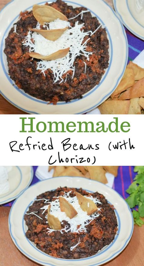 Learn how to make authentic homemade refried beans with chorizo which goes well with all of your favorite Mexican dishes. Mexican Refried Beans Recipe, Beans With Chorizo, Recipe With Chorizo, Refried Beans Recipe Easy, Mexican Refried Beans, Canning Refried Beans, Homemade Refried Beans, Refried Beans Recipe, Homemade Beans