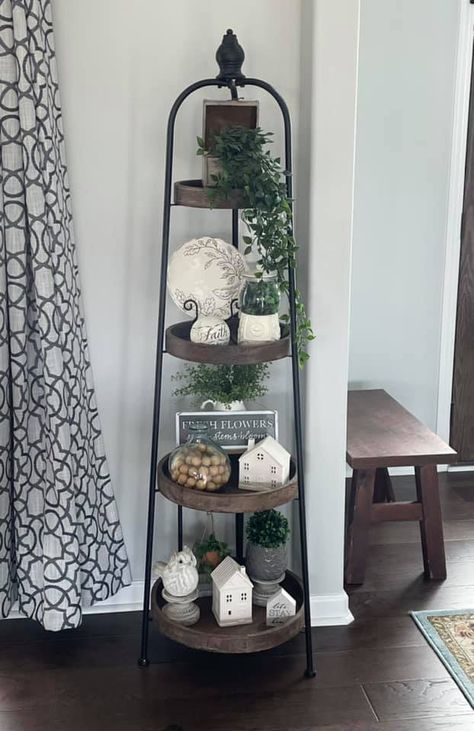 Corner Tiered Shelf, Decorating A Corner, Circle Shelves, Living Room Farmhouse Decor, Tiered Shelf, Shelf Decor Living Room, Tier Shelf, Modern Farmhouse Living Room, Tiered Stand