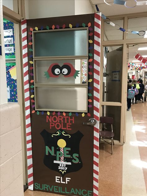 This years Christmas Door decor at school! North Pole Elf Surveillance. Keepers of the Naughty and Nice list. Elf Surveillance Door Decoration, Pole Decor, Elf Surveillance, Christmas Hallway, Classroom Christmas Decorations, Mail Room, Christmas Door Decorating Contest, Christmas Door Decor, Classroom Doors