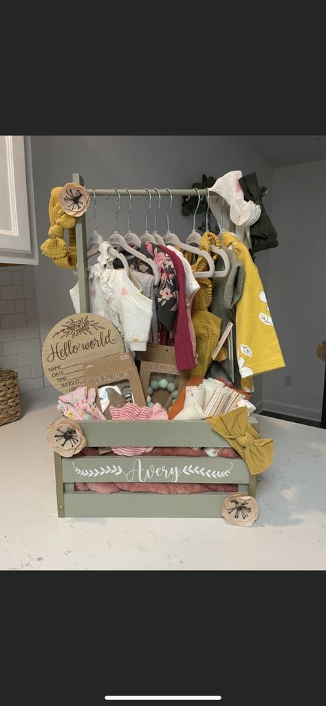 Rustic Baby Gifts, Baby Gift Basket With Hanging Clothes, Baby Shower Gift Clothing Rack, Baby Shower Closet Crate, Baby Shower Clothing Rack, Baby Shower Clothes Rack Gift, Baby Shower Closet Gift, Baby Crate Gift Ideas, Baby Crate Closet