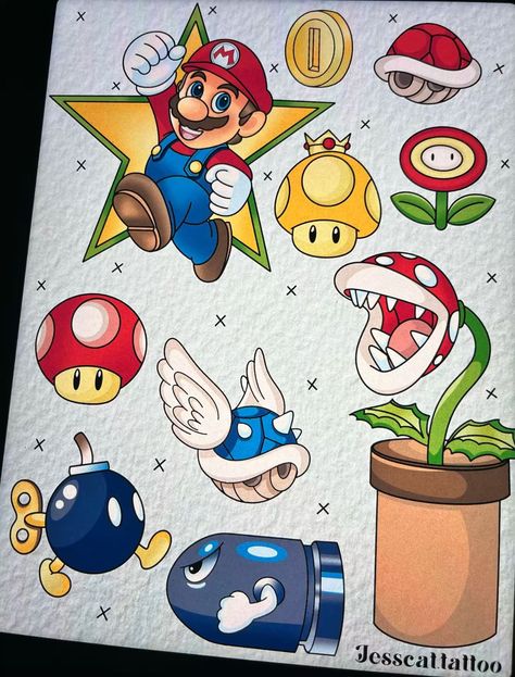 Mario Tattoo Flash, Super Mario Bros Tattoos, Super Mario Tattoo Design, Nintendo Tattoo Ideas, Mario Tattoo Ideas, 90s Tattoo Ideas, Pokémon Artwork, Super Mario Tattoo, Bro Tattoos