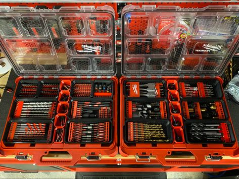 Milwaukee Pack Out Organization, Milwaukee Packout Organization Ideas, Milwaukee Tool Box Ideas, Milwaukee Packout Ideas, Milwaukee Tool Box, Dewalt Tough System, Work Trailer, Milwaukee Power Tools, New Milwaukee Tools