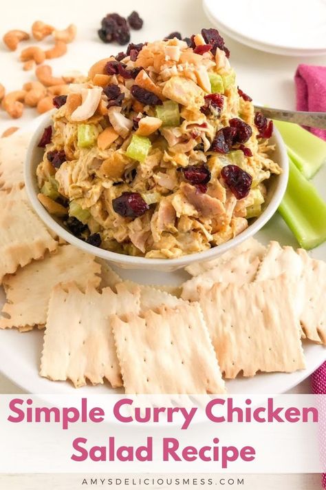 This Curry Chicken Salad is a great way to use up leftover chicken or turkey. Cashews and celery add a nice crunch while dried cranberries add sweetness. Simple to throw together when you want an easy meal. Curry Chicken Salad With Cranberries, Cranberry Chicken Salad, Heathy Snack, Delicious Chicken Salad, Chicken Curry Salad, Easy Chicken Curry, Leftover Chicken, Cranberry Recipes, Chicken Salad Recipes