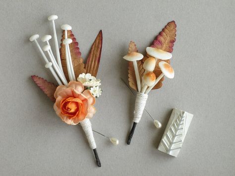 Mushroom Boutonniere, Enokitake Mushroom, Shrek Wedding, Mushroom Wedding, Rainforest Wedding, Air Dried Clay, Cottagecore Wedding, Themed Wedding Decorations, Rustic Paper