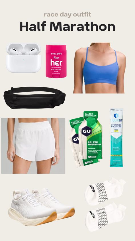 Half marathon race day outfit! Half marathon Ootd Half Marathon Gear, Half Marathon Essentials, Half Marathon Training Aesthetic, Half Marathon Outfit Women, Race Day Outfits Running, Marathon Outfit Women Race Day, Runner Outfit Women, Marathon Outfit Women, Half Marathon Outfit